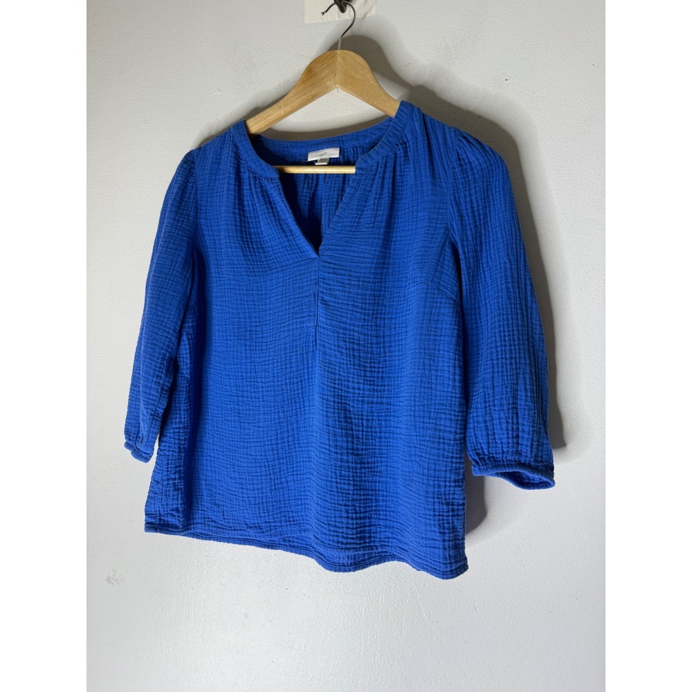 J. Jill Blue Double Gauze Cotton V-Neck Top XS Petite 3/4 Sleeve Blouse